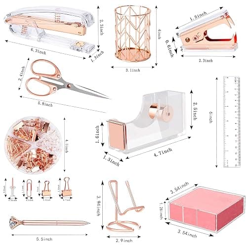 Rose Gold Office Supplies and Accessories, Acrylic Stapler, Staple Remover, Tape Holder, Ballpoint Pen, Scissor, Binder Clips, Staples, Phone Holder, Ruler, Transparent Glue and 300 Notes thumbnail 2
