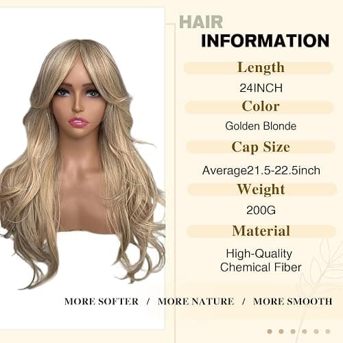 Jolelyne Long Golden Blonde Wavy Layered Wig with Curtain Bangs for White Women Synthetic Platinum Blonde Highlight Wig Light Brown Body Wave with Bangs Middle Part for Daily Party Use thumbnail 4