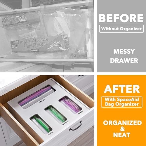 SpaceAid Bag Storage Organizer for Kitchen Drawer, Bamboo Organizer, Compatible with Gallon, Quart, Sandwich and Snack Variety Size Bag (1 Box 4 Slots), White thumbnail 3