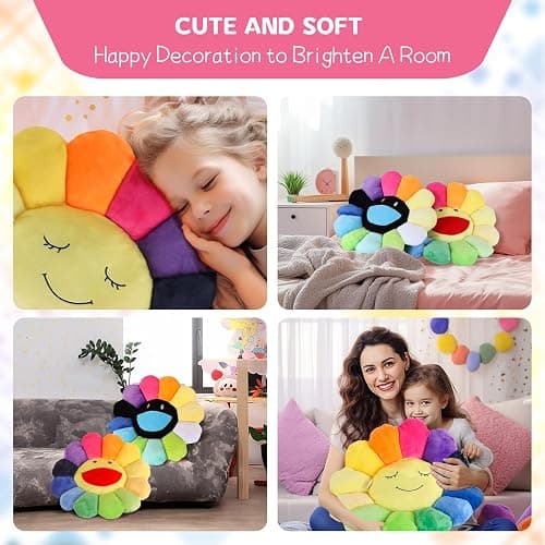 SNEPOO Smile Face Plush Rainbow Pillow, Sunflower Indie Decor Plush Pillow Soft & Comfortable Flower Floor Pillow for Home Reading Bed Room Decoration (40CM, Black and White) thumbnail 7