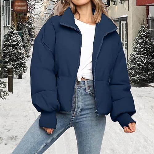 Women’s Winter Cropped Puffer Jacket Coat Casual Quilted Baggy Long Sleeve Zip Down Jackets Outerwear thumbnail 7