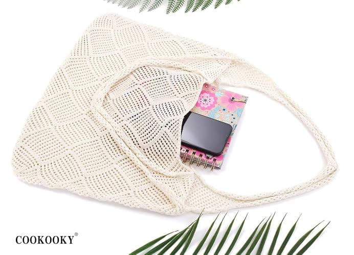 COOKOOKY Crochet Beach Tote bag Summer Beach Bag for Women Aesthetic Mesh Tote Bag Hippie Bag Knit Bag thumbnail 4