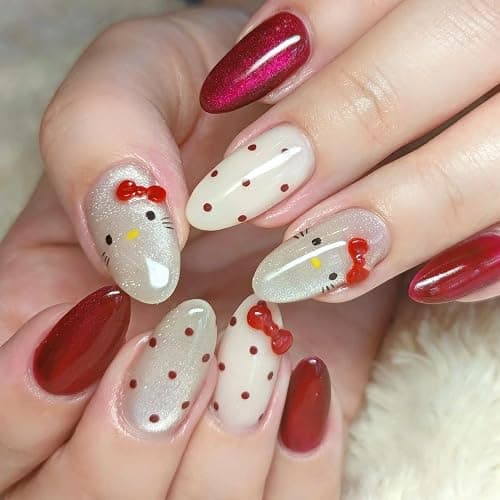 QQPPOLIU Cute Press on Nails Almond Shape with Polka Dots and Cat Design Short Red Fake Nails for Women Holiday thumbnail 2