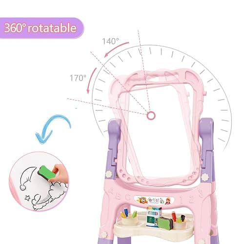 Mojitodon Art Easel for Kids, Adjustable Standing Rotatable Double Sided Easel with Painting Accessories for Toddlers Boys and Girls-Pink thumbnail 3