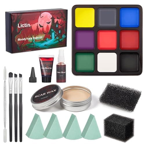 Lictin Special Effects SFX Zombie Makeup Kit, 9 Colors Bruise Face Body Painting Palette with Scar Wax, Fake Blood Spray & Gel, Vampire Skeleton Clown Makeup Body Paint (14PCS) - Image 1