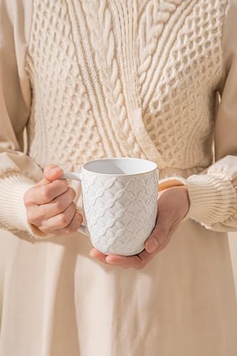 FOBENTA Ceramic Coffee Mugs Set of 4, 12oz Embossed Cups with Elegant Patterns – A Thoughtful Gift for Women, Mom, or Friends,Perfect for Tea, Latte, Cocoa (Arctic White, 12 OZ) thumbnail 6