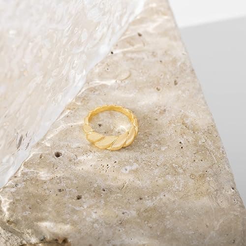 PAVOI 14K Gold Plated Croissant Dome Rings for Women - Trendy Twisted Braided Band - Chunky Signet Stackable Ring Stetement Jewelry thumbnail 3