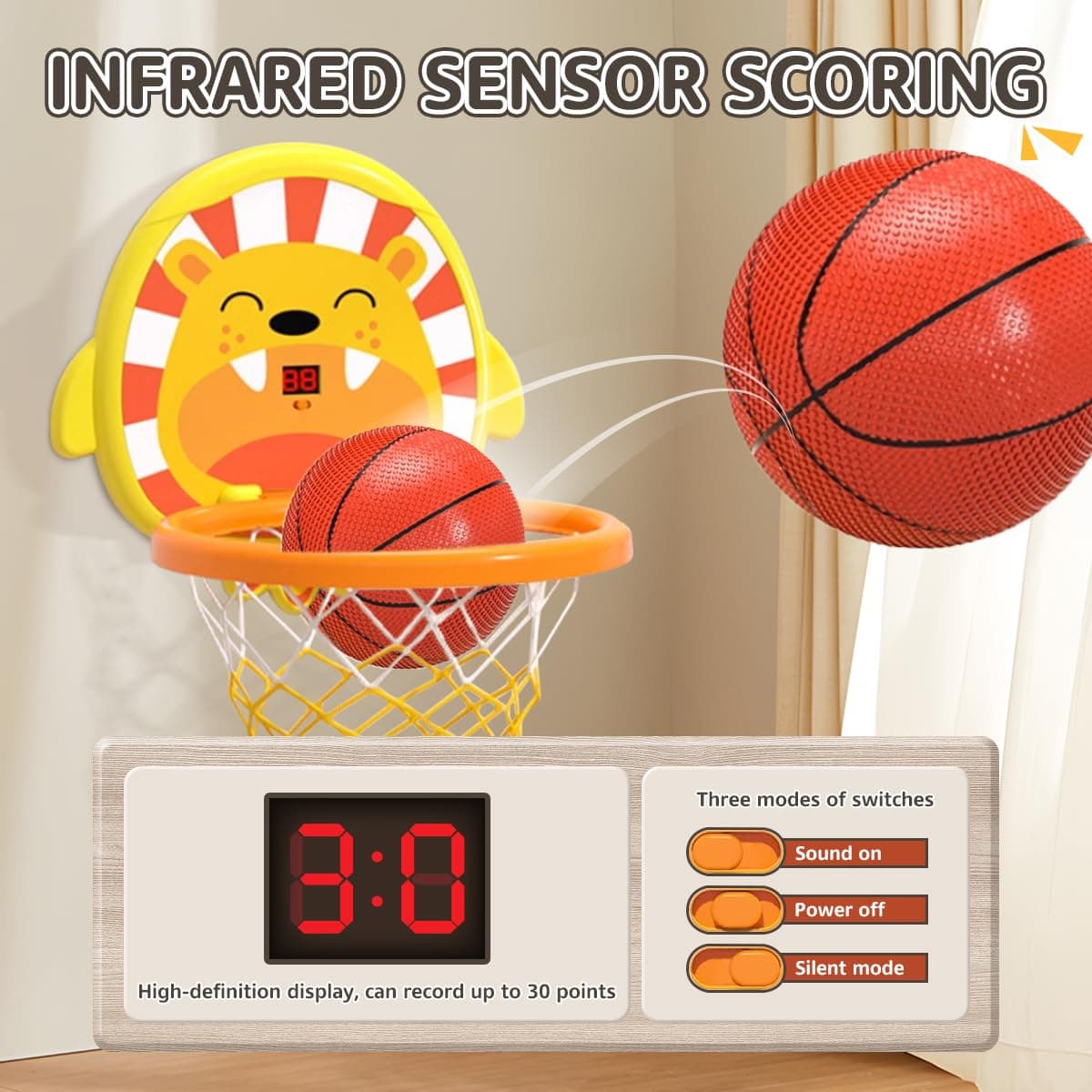 KaeKid Indoor Basketball Hoop for Kids, Lion Basketball Hoop with Scoreboard, Height Adjustable, 2 Balls & Pump, Basketball Toys for 3 4 5 6 7 8 9 10 Year Old Boys thumbnail 3