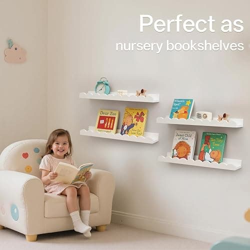 Gieanoo Floating Bookshelf, White Scalloped Nursery Book Shelf 40CM 2PCS | Pine Wood,Toddler Room Decor Wall Mounted Bookshelves for Bedroom Kids, Toddler Room, Baby Room thumbnail 4