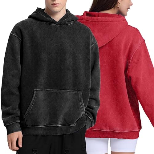 FAIABLE 2 Pack Acid Wash Oversized Vintage Unisex Heavy Cotton Fleece Hoodie for Men Women Couples thumbnail 2
