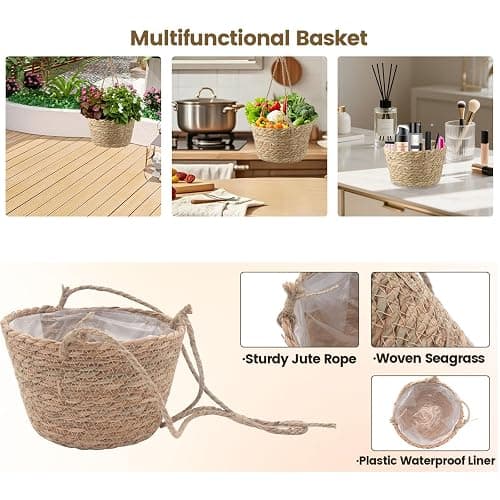 MY MIRONEY 2PCS Hanging Planter Basket Natural Seagrass Woven Plant Pot Hanger Hanging Plant Holder with Twine for Home Decor, Indoor & Outdoor Use, 8.11" x 4.96", Khaki thumbnail 7