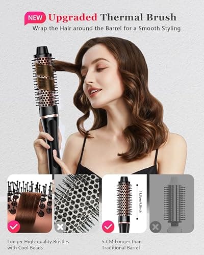 5 in 1 Curling Iron & Thermal Brush Set with 4 Interchangeable Ceramic Barrels (0.35”-1.25”) Fast Heat Dual Voltage Travel Hair Tools Birthday Gift for Women - Hair Curler Wand Kit for Curls & Blowout thumbnail 6