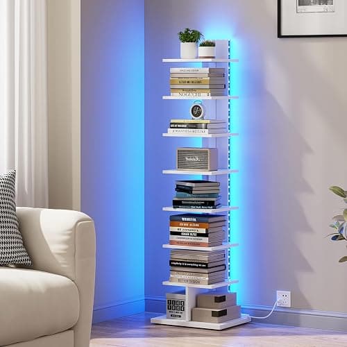 TUTOTAK Narrow Bookshelf, 8-Tier Bookcase with LED Lights, Spine Book Shelf for Small Space, Corner Standing Shelf for Living Room, Office, Study, Entryway, White BS06BW008L - Image 1