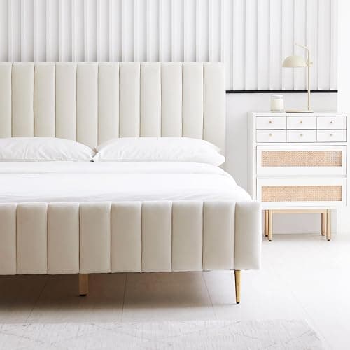 Livinia Queen Size Elton Velvet Platform Bed, Upholstered Bed Frame with Vertical Channel Tufted Headboard Footboard, Strong Wood Slats, No Box Spring Needed, Ivory (Queen) thumbnail 5