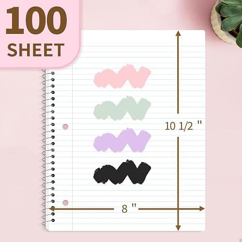 SUNEE Spiral Notebook, 1-Subject, College Ruled Paper, 8" x 10-1/2", 100 Sheets per Notebook, 3-Hole Punched Paper, Water Resistant Cover, Double-sided Pockets, Spiral Lined Notebooks for Work, Pink thumbnail 3