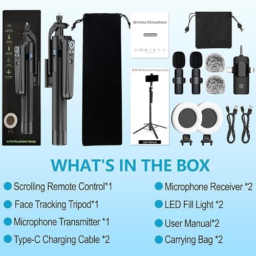 71" Content Creator Essentials Vlogging Kit - 2 Lights & 2 Mics, 360° Rotating Auto Face Tracking Tripod for iPhone/Android/Camera with Wireless Remote, No App for Vlog, Live, Video Record thumbnail 8