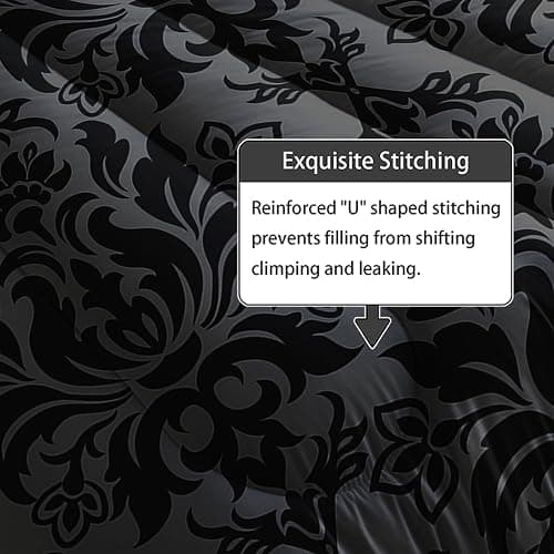 Axolotl Black Grey Comforter Set Full Size,7 Piece Damask Bedding Set Boho Paisley Comforter Set Gothic Vintage Floral Bed Set Elegant Victorian Baroque Comforter with Flat Fitted Sheet 4 Pillowsham thumbnail 7