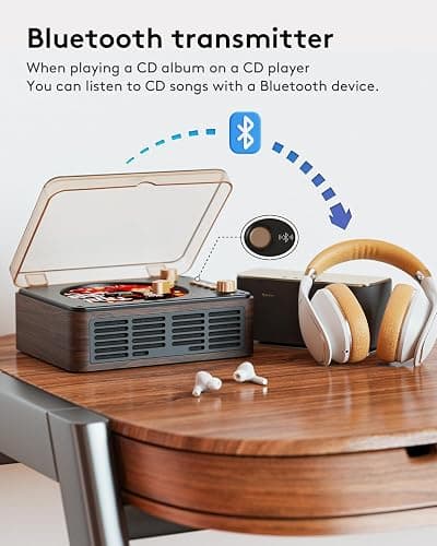 CARONSORT CD Player with Speakers Bluetooth Nostalgic Retro Portable CD Players for Home Wood Music Player FM Radio for HomeWired and Remote Control-Walnut Brown thumbnail 3
