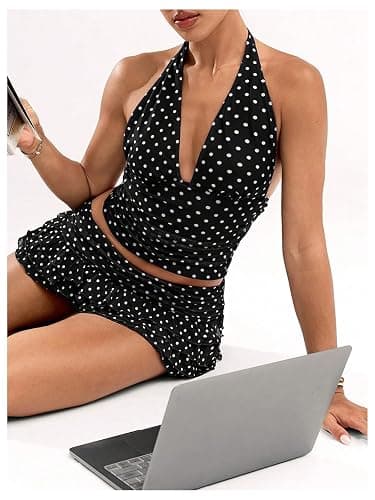 RoseSeek Women's Y2K Polka Dots Backless Halter Tops Sleeveless Ruched Fitted Low Cut Crop Top thumbnail 4