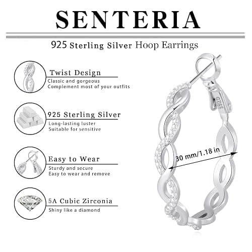 Senteria 925 Sterling Silver Earrings Hoops for Women Lightweight Twisted Hoop Earrings With Cubic Zirconia Hypoallergenic Hoops Earrings (20/30/40/50/60MM) thumbnail 4