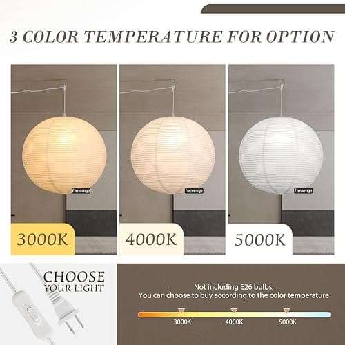 Fivemengo Paper Lantern Lamp Plug in Hanging Lamp, 20in White Rice Paper Pendant Light with 19.7FT Cord Large Globe Japanese Japandi Wabi Sabi Chandelier for Dining Living Room Bedroom Office 1 Pack thumbnail 3
