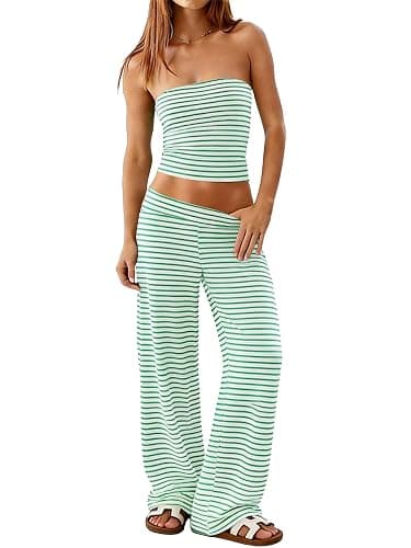 Fhykiss Women Striped Two Piece Set Tube Top Wide Leg Pants Summer Casual Matching Lounge Set Beach Vacation Travel - Image 1