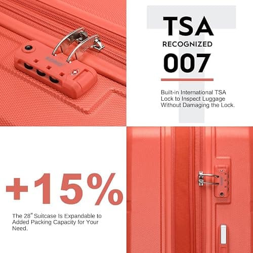 Kono 4 Piece Luggage Sets Expandable(only 28") Lightweight with Spinner Wheels TSA Lock Hardside Travel Rolling Suitcases 20in 24in 28in Carry on and 12in Mini Cosmetic Case Coral Pink thumbnail 4