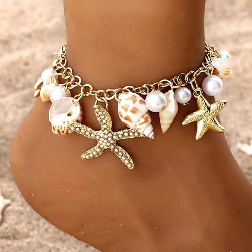 Qceasiy Ankle Bracelet Set for Women, Gold Boho Bead Adjustable Anklet, Hawaiian Beach Pearl Heart Starfish Foot Jewelry Gifts thumbnail 3