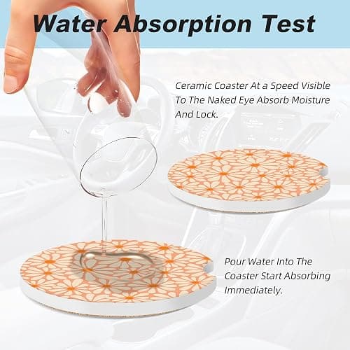 Orange Floral Car Coasters for Cup Holders,2 Pack Car Cup Holder Coasters for Car,Ceramic Absorbent Car Coaster with A Finger Notch and Cork Base,Car Interior Accessories for Women Men thumbnail 5