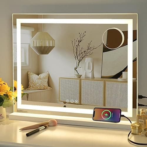 Sucedey Vanity Mirror with Lights, 23" x 18" Makeup Mirror, Hollywood Mirror with 3 Color Modes & Adjustable Brightness, Detachable 10x Zoom Mirror and USB Charging Design (White) - 23L x 18W inches