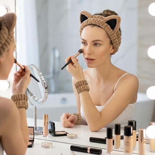 Cat Ears Headband, Cute Spa Headband and Wristband Set Washing Face Skincare Makeup Headbands for Women Girls Trendy Stuff Present Soft Coral Fleece Hair Accessories(1Beige+2Khaki) thumbnail 3