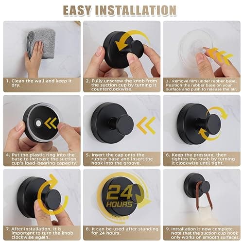 Fenas Suction Cup Hooks for Shower No-Drill Bathroom Hooks for Towels, Robes, Loofah Mountable on Bathroom Walls, Kitchen, Glass, Mirrors, Tile and Smooth,Non-Porous Surfaces (4, Matte Black) thumbnail 7