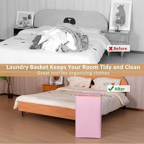 iEGrow 65L Slim Laundry Hamper, Narrow Laundry Basket with Lid,Foldable Clothes Hamper with Bamboo Handles,Hamper Basket with Removable Inner Bag for Laundry Room Bedroom College Dorm,17.17 Gals Pink thumbnail 4