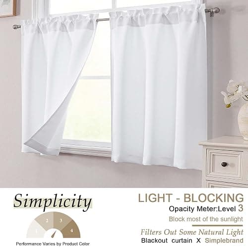 Simplebrand Pure White Cafe Curtains Tier 36 Inch Length 2 Panels Set, Half Window Light Filtering Curtains for Kitchen, Rod Pocket Tier Thermal Insulated Window Treatment Short Curtain, 30" Wx36 L thumbnail 3