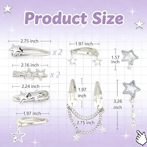 10PCS Y2K Silver Star Hair Clips, 8 Different Shapes Metal Pentagram Barrettes, Punk Kawaii 2000s Hair Clips Cute Y2K Accessories WomenStar Clips Hair for Women and Girls thumbnail 2