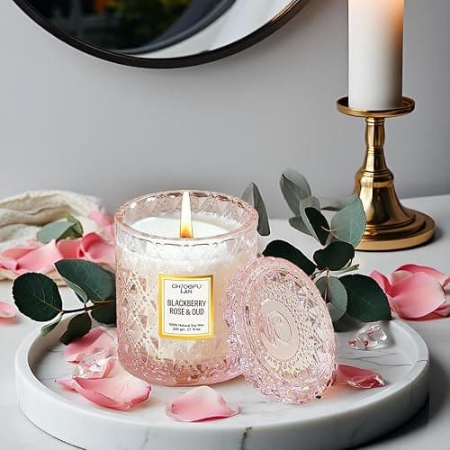 Chloefu LAN Rose Scented Candle, Oud Candle, Mothers Day Candles Gifts for Women, Pink Candles for Home Scented, 55 Hours Long Burning, 100% Natural Soy Wax thumbnail 4