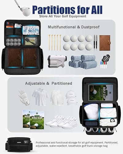 LOINTET Golf Trunk Organizer, Waterproof Car Golf Locker with Separate Ventilated Compartment for 2 Pair Shoes, Golf Storage for Balls, Tees, Cap, Clothes, Gloves, Accessories, Gifts for Men, Women thumbnail 2