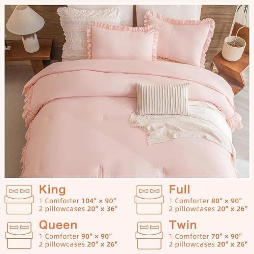 Masaca Blush Ruffle Comforter Full Size,3 Pieces Farmhouse Shabby Boho Chic Bedding Sets Full,Women Girls Bedroom Vintage Rustic Bedding Comforter Set All Season thumbnail 6