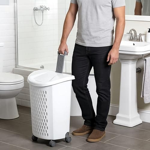 Wheeled Laundry Hamper with Retractable Handle, Plastic Rolling Laundry Basket for Easy Transport, Large 2-Bushel Capacity Clothes Hamper. Suitable for Laundry Rooms, Bathrooms, and Dormitories. White thumbnail 5