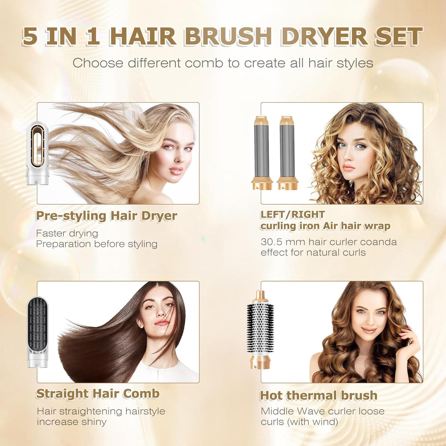 TAMEFOX 5 in 1 Hair Dryer Brush Set, Multifunctional Hair Styler Kit, High Speed Negative Ionic Hot Air Brush for Styling, Curling, Volumizing, Straightening, Detachable and Interchangeable Hair Styling Tools for All Types (Premium White Gold) thumbnail 2