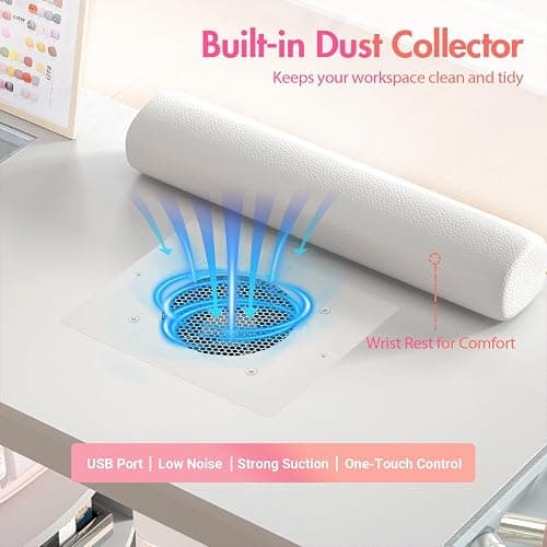 Manicure Table for Nail Tech with Glass Top, Visible Drawers & Trash Bag Holder, Acetone-Resistant Manicure Nail Desk, Beauty Salon Workstation with Wrist Rest & Electric Dust Collector (White) thumbnail 5