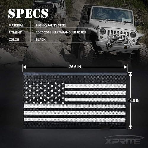 Xprite Aluminum Alloy Grill Insert Mesh with Black & White America U.S Flag Compatible with 2007-2018 Jeep Wrangler JK Stock Grille thumbnail 7