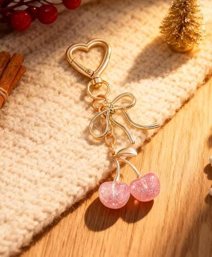 Rikhiua Cute Cherry Keychain Bag Charm Elegant Bow Keychain for Women Friends Family Birthday Christmas Inspirational Gift thumbnail 3