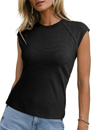 Sidefeel Womens Tops Casual Crewneck Cap Sleeve Tops Ribbed Raw Hem Summer T Shirts Slim Fit Basic Tees Blouses - Image 1