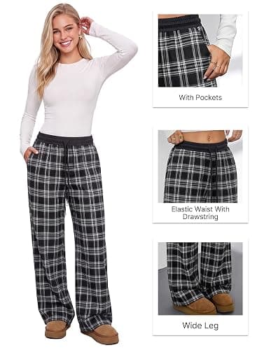 Aleumdr Women's Plaid Wide Leg Sweatpants Gingham Baggy Lounge Pajama Pants | Plaid Checkered Pants, Baggy Lounge Pants, with Pockets, Drawstring Elastic Wait, For Spring Fall, Comfy Loose Fit, PJ Bottom thumbnail 5
