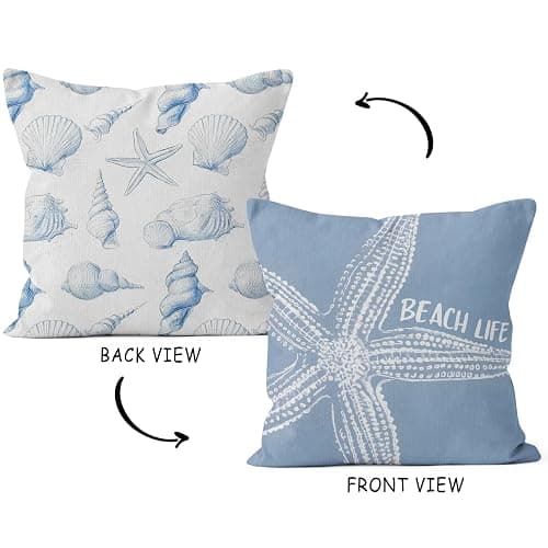 HIWX Coastal Beach Starfish Seashell Pillow Covers 18x18 Double-Sided, Coastal Beach Room Decor, Blue Ocean Beachy Seashell Decorative Pillow Covers for Couch Bed Home Bedroom Decor thumbnail 3