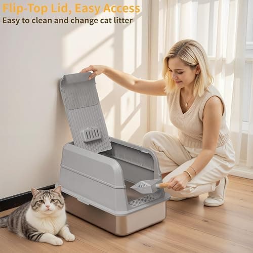 UNZIPE Stainless Steel Litter Box with Lid, XL Extra Large Cat Litter Box, Enclosed Metal Litter Pan with High Sided Enclosure & Scoop, Anti Leakage, Easy to Clean, Odor Control(Grey) thumbnail 6