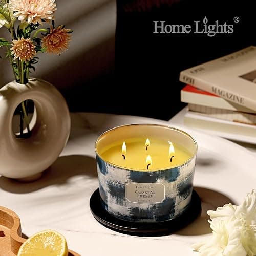 HomeLights Large jar Candle | 4-Wick Long-Lasting Scented Candles, 18oz Natural Soy Wax Candle for Home Scented, Scandinavian Minimalist Design Gifts for Women & Men, Coastal Breeze thumbnail 5