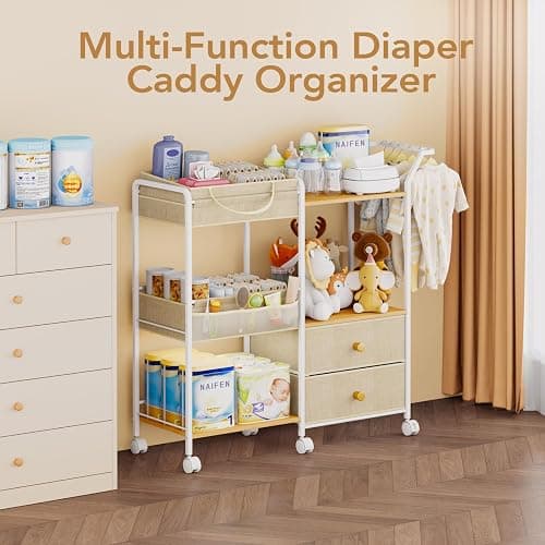 BBLIKE Diaper Caddy Organizer with Hanging Rack - 3 Tier Rolling Baby Storage Cart with Drawers and Side Pockets for Newborn Diaper Organization for Nursery, Crib, Bedroom, Changing Table, Beige thumbnail 3