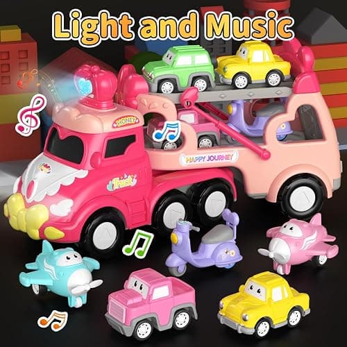 newcrave Truck Toys for 1 2 3 Year Old Girl, 7-in-1 Carrier Cars Toys for Toddler Girls Age 1-2 2-3, Princess Toy with Light & Sound, Easter Christmas Birthday Gifts for 1 2 3+ Year Old Girls thumbnail 3